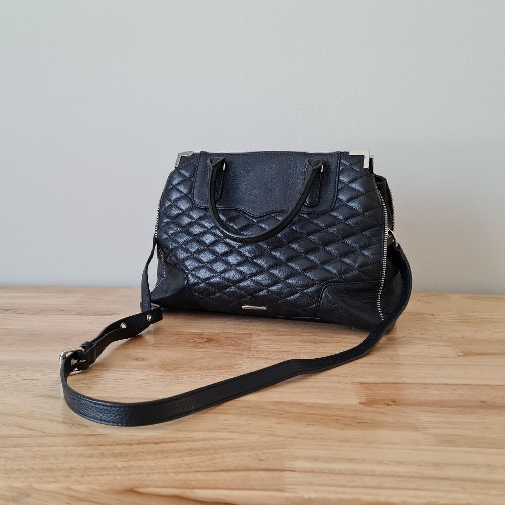Rebecca Minkoff Amorous Satchel Black Leather Quilted Bowler Bag Handbag Luxe